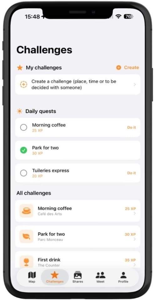 Daremeet app on smartphone — map view (1 of 3)