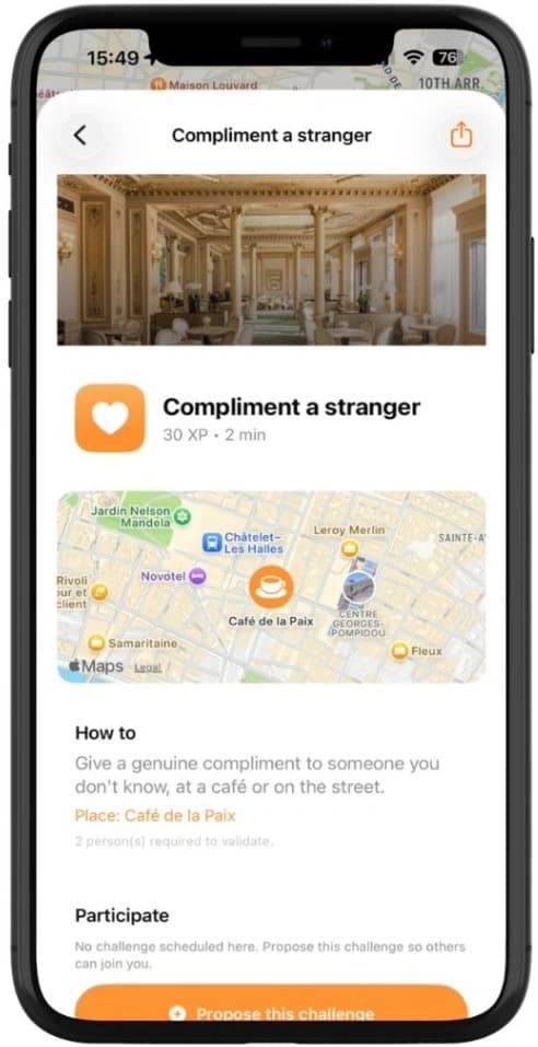 Daremeet app on smartphone — challenges screen (2 of 3)