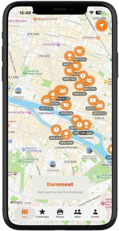Daremeet app on smartphone — meetups view (3 of 3)