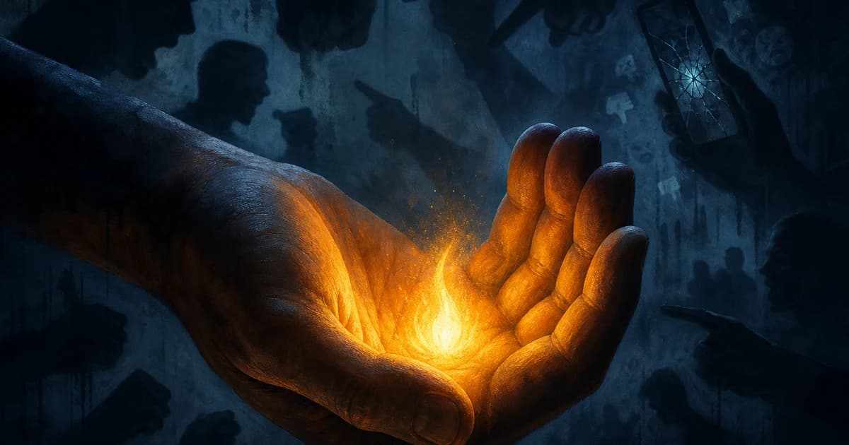 Main ouverte protégeant une lumière chaude face au jugement — métaphore de la gentillesse comme force