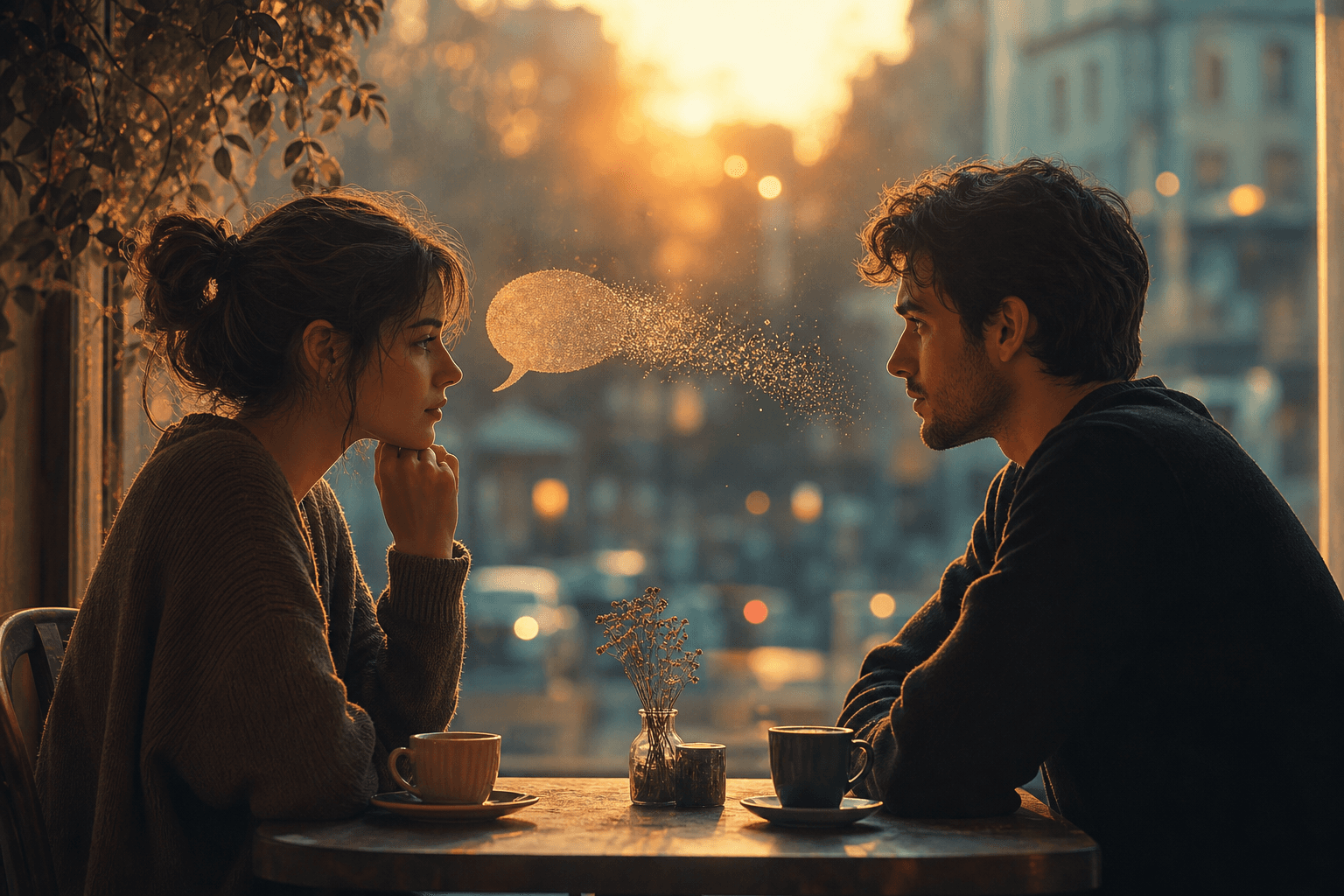 Deux personnes face à face dans un café au crépuscule — l’instant suspendu où les mots n’ont pas encore été dits