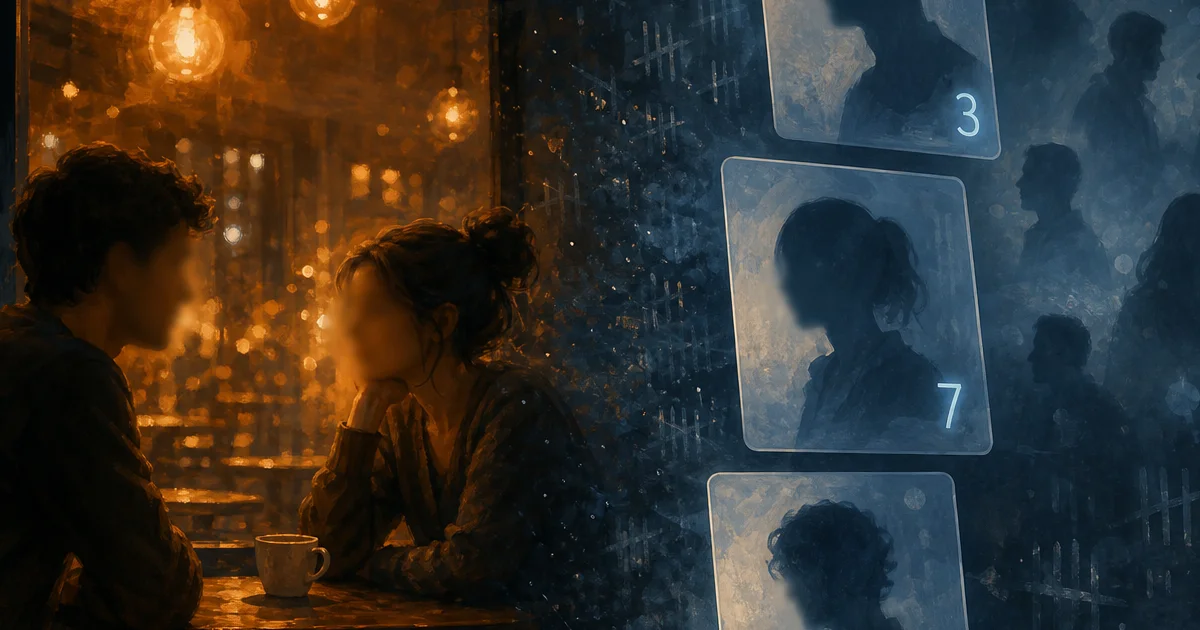 Silhouettes floues dans un café — métaphore du nombre de partenaires et du regard social