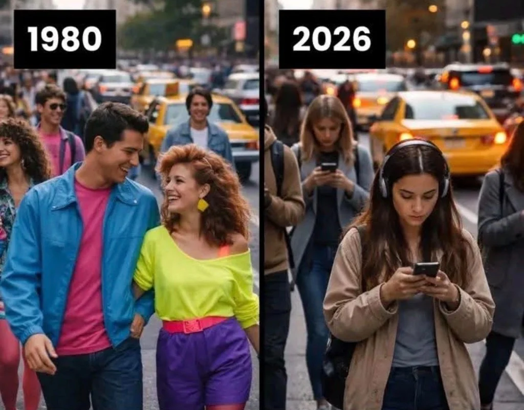Kahe paneeli illustratsioon: vasakul “1980”, inimesed tänaval ilma isiklike telefonideta; paremale “2026”, jalakäijad on nutitelefonidest neelatud.