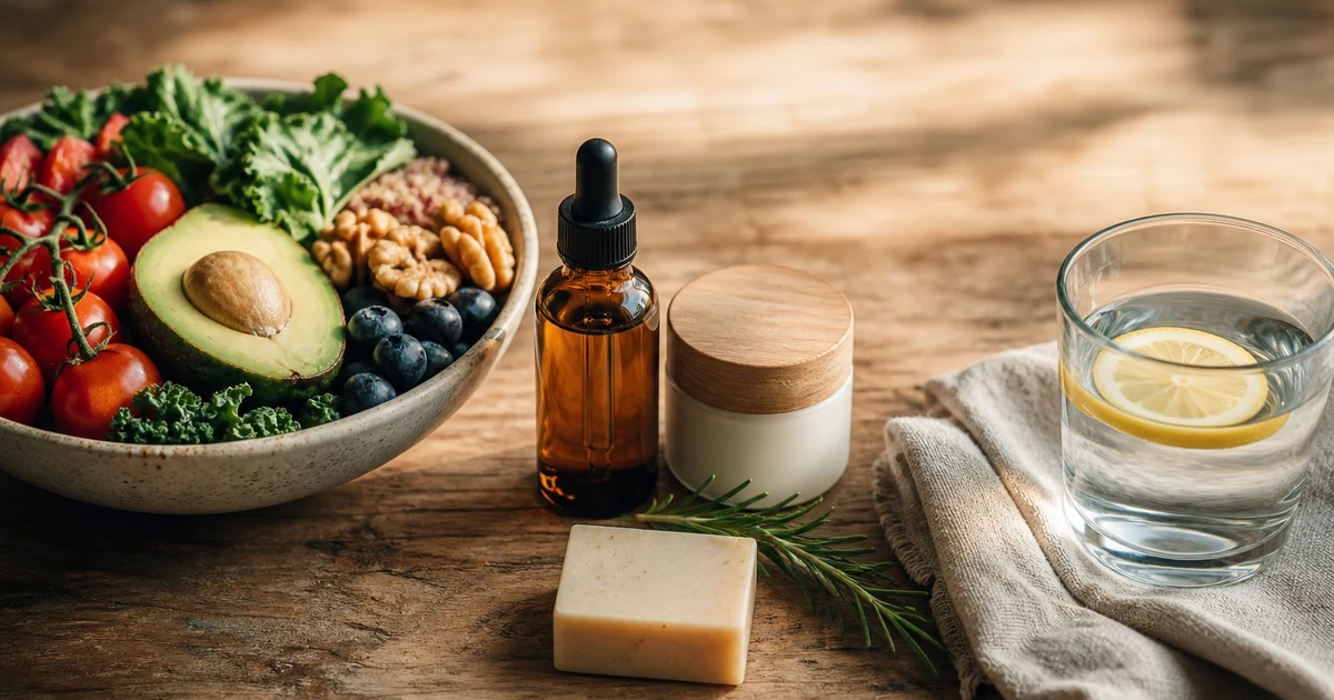 Cosmétiques naturels et aliments frais sur une table en bois — métaphore des choix quotidiens qui influencent l'équilibre hormonal