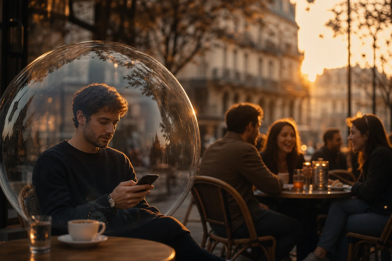 Terrazza di un bar della città: una persona sola al telefono mentre un gruppo di amici ride insieme in sottofondo