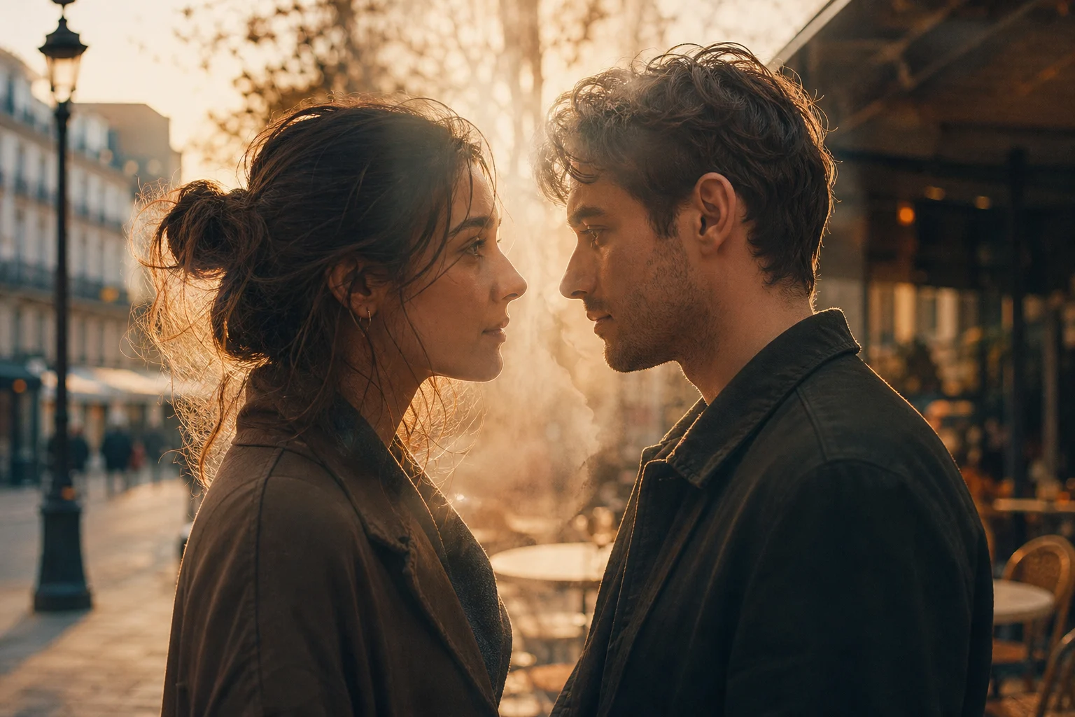 A man and a woman facing each other, faces close, warm light fading between them