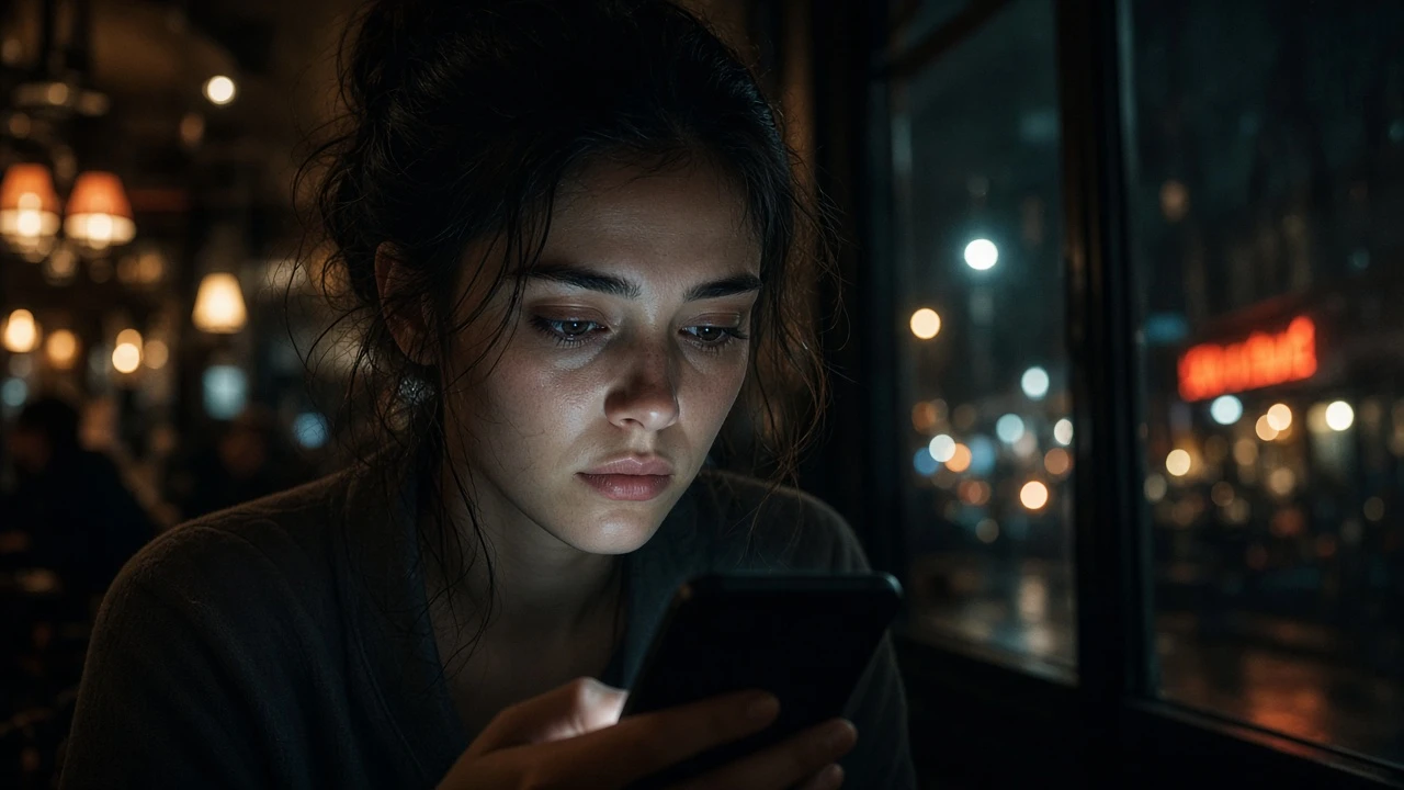 Main tenant un téléphone baigné de notifications, visage fatigué par trop d'attention