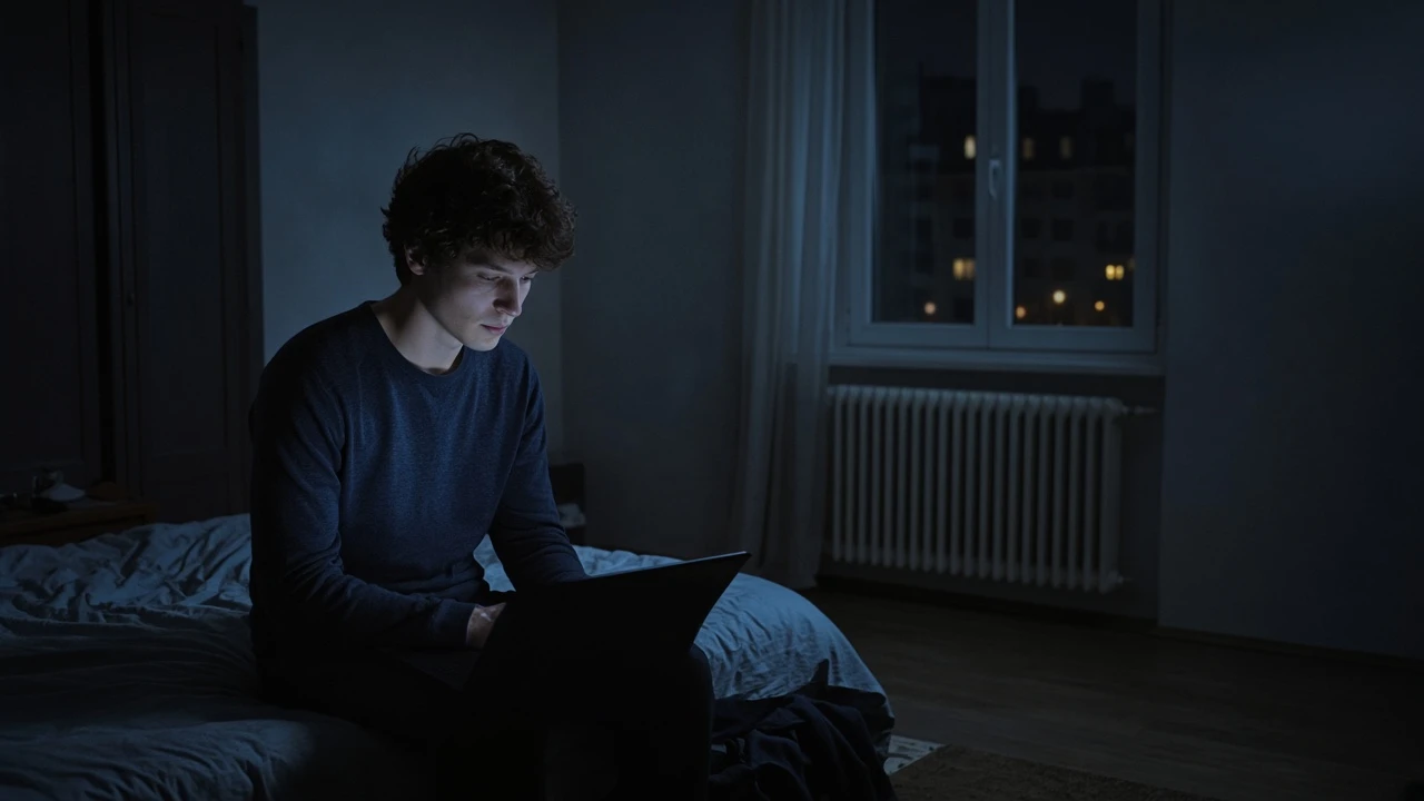 Homme seul le soir dans sa chambre, lumière froide d'écran, silence
