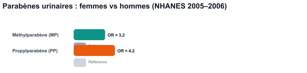 Graphique comparatif : concentrations urinaires de parabènes nettement plus élevées chez les femmes que chez les hommes (NHANES).