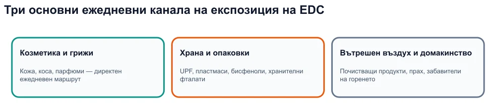 Инфографика: три канала за излагане на ендокринни разрушители — козметика, ултрапреработени храни и опаковки, вътрешна среда.