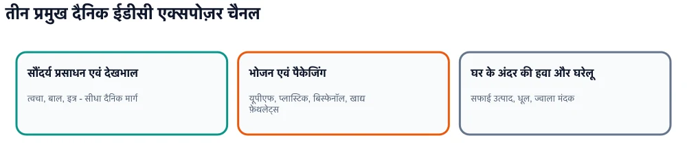 इन्फोग्राफिक: तीन अंतःस्रावी अवरोधक एक्सपोज़र चैनल - सौंदर्य प्रसाधन, अल्ट्रा-प्रोसेस्ड भोजन और पैकेजिंग, इनडोर वातावरण।