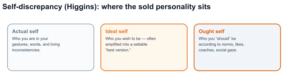 Diagram of Higgins’s three selves — actual, ideal, ought — with the sold personality between ideal and ought